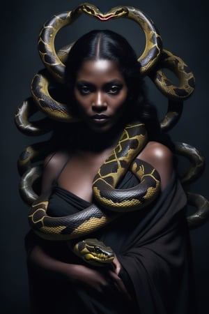 a photo of a dark and mysterious woman with snakes draped over her shoulders