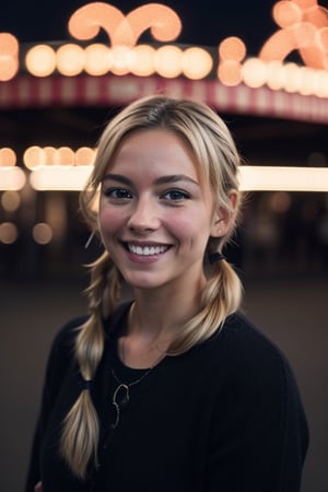 high quality photo, beautiful adult woman, blonde hair black streaks, pigtails, smiling, cinematic quality, masterpiece, high definition, 8k, intricately detailed, in front of fairgrounds, night, bokeh effect, iphone camera