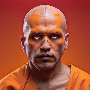 aw0k magnstyle, (best quality) , (masterpiece), angry Monk man, completely white eyes, bald head, split diopter, Cel shading, Relieving, DayGlo orange palette masterpiece,
