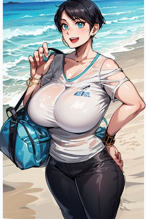 best quality,HD,high quality,cinemic lighting,beauty detailed face,mature female,((curvy)),

mature_female,1girl, solo, open mouth, smile, black hair, short_hair,earrings, jewelry, hand on own face, :d,full_body,bag,

((beach)), dynamic_pose, ((from_below)),Xter