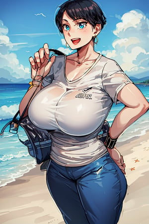 best quality,HD,high quality,cinemic lighting,beauty detailed face,mature female,((curvy)),

mature_female,1girl, solo, open mouth, smile, black hair, short_hair,earrings, jewelry, hand on own face, :d,full_body,bag,

((beach)), dynamic_pose, ((from_below)),Xter