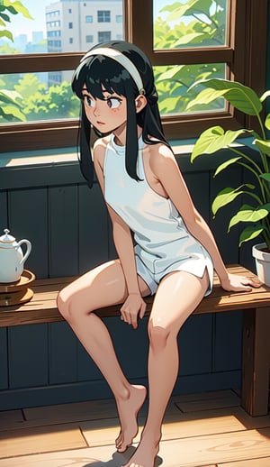 sleeping shorts, drawing, painting on paper, inks, ink pots, shelf((Masterpiece)), (Best Quality), Barefoot, Art, Highly Detailed, Extremely Detailed CG Unity 8k Wallpaper, (Curves: 0.8), (Full Body: 0.6), 3DMM, (Masterpiece, Best Quality) , black hair, long hair, tanned skin, tan skin, dark eyes, sitting, white sleeveless shirt, no bra, barefoot, sitting, white walls, neon lights, wooden shelf, pots, plants, decorative plants, window, window, ((city view)),PT,anime