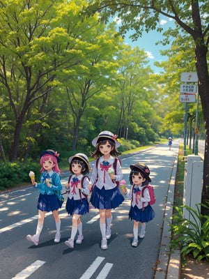 masterpiece,high quality, Four little girls in kindergarten uniforms wearing colorful little hats, backpacks and white sneakers. smiling laughing and strolling along the road beside the park with lush trees and multi-colored flowers all around , eating ice cream, happy time