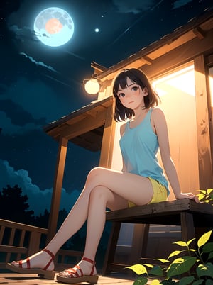 (best quality), (masterpiece), ((realistic), (detailed), charming girl was wearing a loose white tank top and light blue shorts with sandals, Sitting on an old wooden chair in front of a two-story wooden house, a circular light bulb emitted a soft yellow light, peaceful atmosphere, facing the viewer, red
moon in the background, stary night sky, night time (masterpiece),
very_high_resolution, HDR,Fantexi,dark studio