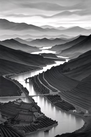 A Chinese ink painting of winery. The vineyards are sprawling and green, with a river winding through them. In the distance, there are mountains. by zhang zeduan, mi fu, painting on silk, immaculate scale, hyper-realistic, trending on Artstation, 8k, detailed, atmospheric, immaculate, black and white, ink pen
