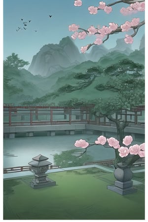 chinese ink painting, many multi color flowers bush and tree with first person view in chinese style garden, small mould on the far left, blue sky with small birds,  flowers  --aspect 9:16