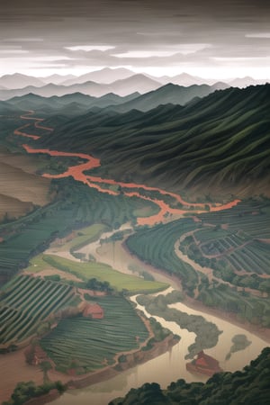 A Chinese ink painting of winery. The vineyards are sprawling and green, with a river winding through them. In the distance, there are mountains. by zhang zeduan, mi fu, painting on silk, immaculate scale, hyper-realistic, trending on Artstation, 8k, detailed, atmospheric, immaculate