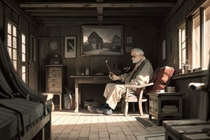 lonely old man sitting in front of old wooden house, relax, pipe smoking, old vintage village around his house, bricks road, late evening, lonely mood, cinematic, dramatic, framing, composition