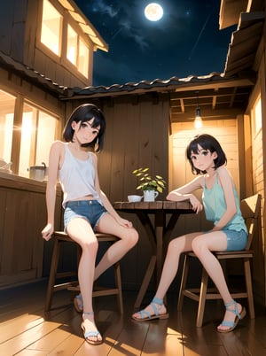 (best quality), (masterpiece), ((realistic), (detailed), charming girl was wearing a loose white tank top and light blue shorts with sandals, Sitting on an old wooden chair and three small kitchens on the floor, sitting in front of a two-story wooden house, a circular light bulb emitted a soft yellow light, peaceful atmosphere, facing the viewer, shining full
moon in the background, stary night sky, night time (masterpiece),
very_high_resolution, HDR,Fantexi,dark studio