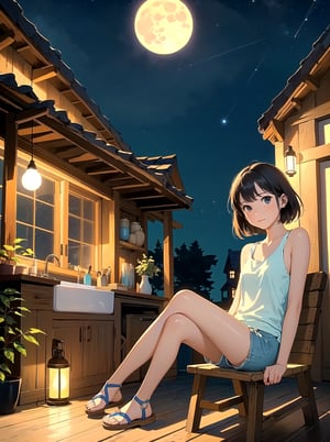(best quality), (masterpiece), ((realistic), (detailed), 1girls, charming girl was wearing a loose white tank top and light blue shorts with sandals, Sitting on an old wooden chair, small kitchens on the floor, 1 kitten, sitting in front of a two-story wooden house, a circular light bulb emitted a soft yellow light, peaceful atmosphere, facing the viewer, shining full
moon in the background, stary night sky, night time (masterpiece),
very_high_resolution, HDR,Fantexi,dark studio