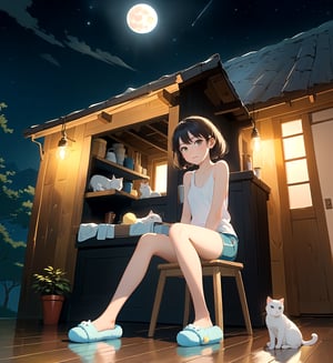 (best quality), (masterpiece), ((realistic), (detailed), 1girls, charming girl was wearing a loose white tank top and light blue shorts with  Sponge slippers, two hands behind the neck, Sitting on an old wooden chair, small kitchens on the floor, (baby white cat:1.0), sitting in front of a two-story wooden house, a circular light bulb emitted a soft yellow light, peaceful atmosphere, facing the viewer, shining full
moon in the background, stary night sky, night time (masterpiece),
very_high_resolution, HDR,Fantexi,dark studio