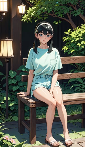 1 girl, drawing, painting on paper, inks, ink pots, (Best Quality), Art, Highly Detailed, (Curves: 0.8), (Full Body: 0.6), 3DMM, (Masterpiece, Best Quality),anime, (girls look cute and naughty:1.0), black hair, long shiny hair, Put on a loose light blue short-sleeve shirt and light pink shorts, tan skin, sponge sandals, {((sleepy:0.8), (sleepy eyes:0.8), (yawning and distortion:1.0))}, (lazy sitting in a chair:0.8), {((old wooden table:0.8), (light yellow lamp on the old wooden table:0.8)), forecourt, double layer wodden house with forecourt, trees and flowers on forecourt, lights from the house illuminated the forecourt, night sky There are stars everywhere and there was a big full moon shining in the sky