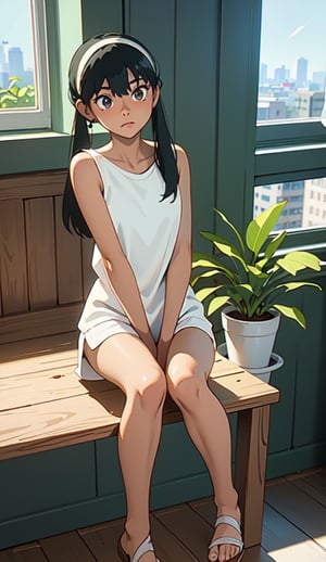fit shorts, drawing, painting on paper, inks, ink pots, shelf((Masterpiece)), (Best Quality), Sandal, Art, Highly Detailed, Extremely Detailed CG Unity 8k Wallpaper, (Curves: 0.8), (Full Body: 0.6), 3DMM, (Masterpiece, Best Quality) , black hair, long hair, tanned skin, tan skin, dark eyes, sitting, white sleeveless shirt, no bra, barefoot, sitting, white walls, neon lights, wooden shelf, pots, plants, decorative plants, window, window, ((city view)),PT,anime