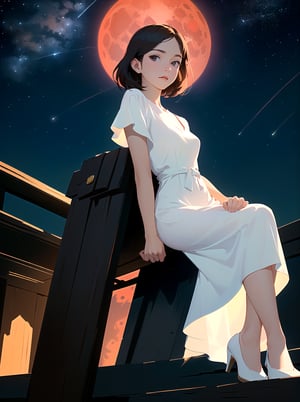(best quality), (masterpiece), ((realistic), (detailed), beautiful woman
sitting on the edge of a building, wearing a white dress, facing the viewer, red
moon in the background, stars in the night sky, night time (masterpiece).
absurdres, HDR,Fantexi,dark studio