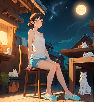 (best quality), (masterpiece), ((realistic), (detailed), 1girls, charming girl was wearing a loose white tank top and light blue shorts with  Sponge slippers, (two hands behind the neck:0.8), Sitting on an old wooden chair, small kitchens on the floor, (baby white cat:1.0), sitting in front of a two-story wooden house, a circular light bulb emitted a soft yellow light, peaceful atmosphere, facing the viewer, shining full
moon in the background, stary night sky, night time (masterpiece),
very_high_resolution, HDR,Fantexi,dark studio