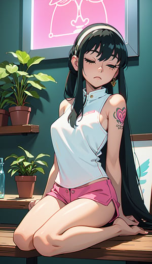 sleeping shorts, drawing, painting on paper, inks, ink pots, shelf((Masterpiece)), (Best Quality), Barefoot, Art, Highly Detailed, Extremely Detailed CG Unity 8k Wallpaper, (Curves: 0.8), (Full Body: 0.6), 3DMM, (Masterpiece, Best Quality) , black hair, long hair, tanned skin, tan skin, dark eyes, sitting, white sleeveless shirt, no bra, barefoot, tattoos, tattoo on the arm, sitting, tattooing a person, tattoo studio, white walls, lights pink neon, neon lights, pink lights, wooden shelf, pots, plants, decorative plants, window, window, city view, tattoo chair, tattoo artist, tattoo girl,PT,anime