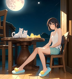 (best quality), (masterpiece), ((realistic), (detailed), 1girls, charming girl was wearing a loose white tank top and light blue shorts with  Sponge slippers, two hands behind the neck, Sitting on an old wooden chair, small kitchens on the floor, (small white cat:1.0), sitting in front of a two-story wooden house, a circular light bulb emitted a soft yellow light, peaceful atmosphere, facing the viewer, shining full
moon in the background, stary night sky, night time (masterpiece),
very_high_resolution, HDR,Fantexi,dark studio