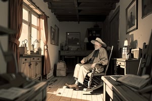 lonely old man sitting on rocking chair in front of his old wooden house:1.0, relax, pipe smoking, old vintage village around his house:0.8, bricks road:0.8, late evening, lonely mood, cinematic, dramatic, framing, composition