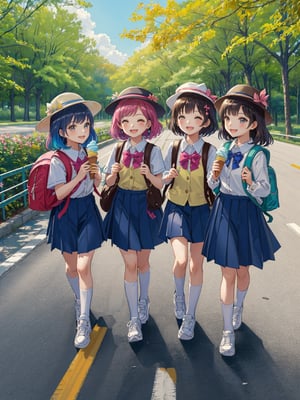 masterpiece,high quality, Four little girls in kindergarten uniforms wearing colorful little hats, backpacks and white sneakers. smiling laughing and strolling along the road beside the park with lush trees and multi-colored flowers all around , eating ice cream, happy time