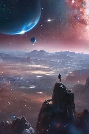 masterpiece, best quality, greg rutkowski, scenery, a surreal and dreamlike landscape of, stars, galaxy, and planets, very detailed, high resolution, sharp, sharp image, 4k,Leonardo Style,SteelHeartQuiron character