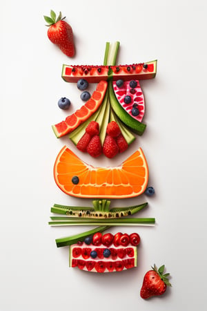 best quality,masterpiece, (made of 3 cut fruit and vegetable),white background