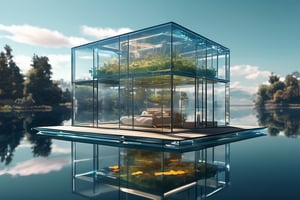 GhibliStyle small squared-glass-house, floating on midle of lake, (water reflection:0.4), front facing, fullbody, front side, subsurface scattering, volumetric light, transparent, translucent skin, glow, bloom,3d style,cyborg style,Movie Still,Leonardo Style,3d