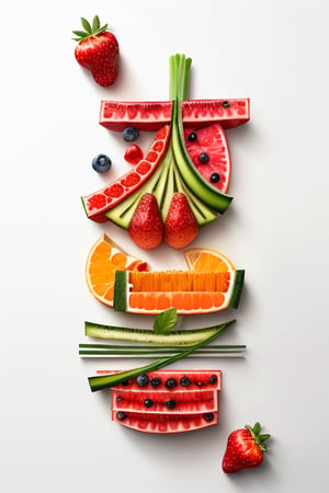 best quality,masterpiece, (made of 3 cut fruit and vegetable),white background