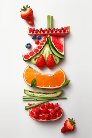 best quality,masterpiece, (made of 3 cut fruit and vegetable),white background