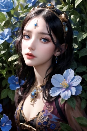 Very detailed female, steampunk city taken over by plants in the background, d & d, fantasy, with blue flowers, beautiful face, hyperrealism delicate detailed complex, sophisticated, vibrant colors, volumetric
lighting, pop surrealism art by Mark Ryden and Anna Dittmann