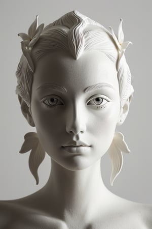 Full head and shoulders, beautiful female porcelain sculpture by daniel arsham and james jean, smooth, all white features on a white background, delicate facial features, white eyes, white lashes, detailed tangled white lillies and lillie leaves on the head, volumetric lighting