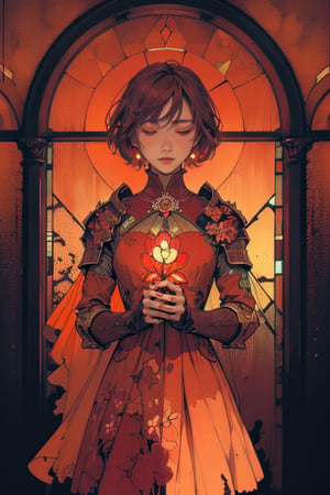 woman, stainedglass flower dress, colorful, darl background,flower stainedglass armor, dark red theme, exposure blend, medium shot, bokeh, (hdr:1.4), high contrast, (cinematic, red and orange:0.85), (muted colors, dim colors, soothing tones:1.3), low saturation,Alphonse Maria Mucha