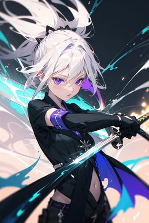 colorful, 1girl, white hair, purple eyes, dual wielding, sword, holding sword, blue flames, glow, glowing weapon, light particles, wallpaper, chromatic aberration,