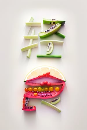 best quality,masterpiece, (made of 3 cut fruit and vegetable),white background