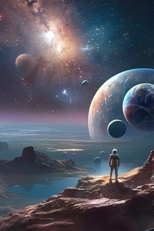 masterpiece, best quality, greg rutkowski, scenery, a surreal and dreamlike landscape of, stars, galaxy, and planets, very detailed, high resolution, sharp, sharp image, 4k,Leonardo Style,SteelHeartQuiron character