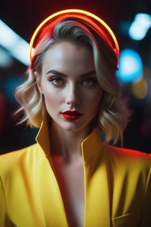 A moody, high-contrast shot of a petite, beautiful white-skinned young European lady dressed in a vibrant yellow jumpsuit, posing with a playful, mischievous Joker-esque vibe. The subject's face is rendered in stunning detail, with bright red eyes that seem to glow with an otherworldly luminosity. Framed by the Iphone X's telephoto lens, the composition is tight and intimate. Neon lights in dark hues illuminate the background, casting a volumetric glow around the subject. The overall aesthetic is one of bold, conceptual whimsy.