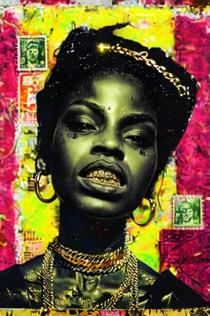 Black art, solo , 1girl, jewelry,portrait,gold chain 