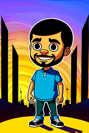 Create a Rapper drake cartoon character, creative, funny, big head, small body, small hands, black hair, realism, cute, Bugatti background, city sunset, creative animation,modelshoot style