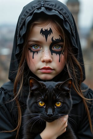 Halloween theme, a  young girl wearing   black Halloween clothes, holding a black cat , her face is coloured with Halloween  decorations  , on a high Tower background 