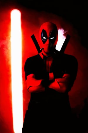 Deadpool (Ryan Reynolds) stands confidently in a dimly lit, smoky room with neon signs reflecting off his metal mask. He's dressed in his iconic red suit, arms crossed and a cheeky grin spreading across his face as he gazes directly at the camera. A haze of cigar smoke swirls around him, adding to the edgy atmosphere.