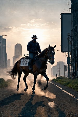 A dense fog shrouds the dystopian cityscape at dusk, the setting sun's warm glow casting a golden light on the misty streets. In the foreground, a figure clad in black, face obscured by a tactical mask, rides a sleek horse with a bold sign reading 'Reject Finance Bill 2024' emblazoned across its back. The horse's eyes shine with alertness as it navigates the foggy terrain, while the rider's silhouetted form exudes mystery and rebellion. In the background, a massive billboard towers above the cityscape, featuring the words 'Reject Finance Bill 2024' in clear, bold lettering, echoing the message on the horse's back.