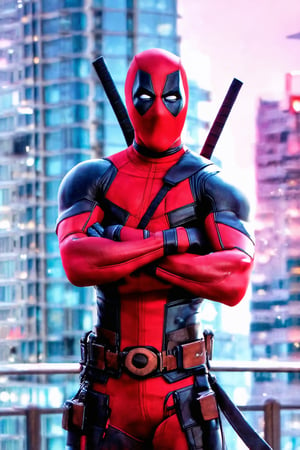 Deadpool posing on the rooftop of a sleek, modern skyscraper, surrounded by towering steel and glass structures. The dark-haired mercenary stands out against the bright cityscape, his red suit glistening under the neon lights that illuminate the urban jungle. His arms crossed, he gives a cheeky grin to the camera, as if daring anyone to take him down.