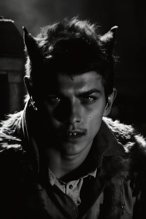 analog film photo,1boy, cute face, beautiful eyes, memory, bizarre, scary, horror, dark theme, werewolf