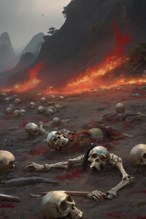 the solemn aftermath of a brutal battle, a desolate battlefield littered with the lifeless bodies of fallen warriors, from these corpses, spectral soldiers begin to rise, their ghostly, ethereal forms rendered with the evocative textures of the dry brush style, horror, scary, skull, bone, death, bizarre, dark theme, blood, glowing, chinese