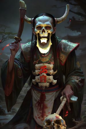 horror, scary, skull, bone, death, bizarre, dark theme, blood, glowing, chinese