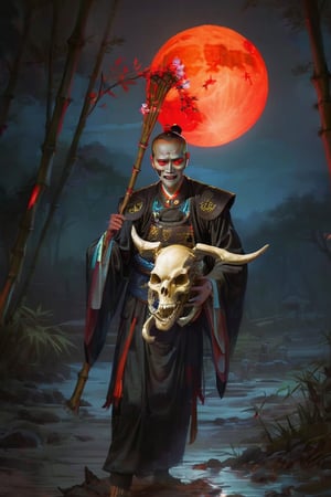 horror, scary, skull, bone, death, bizarre, dark theme, blood, glowing, chinese deep bamboo forest, night, moon