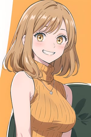 masterpiece,best quality,detailed faces and eyes,1girl, breasts, orange_shirt, solo, short_hair, smile, sweater, turtleneck, ribbed_sweater, blush, sleeveless, orange_sweater, looking_at_viewer, brown_eyes, outline, blonde_hair, upper_body, bare_shoulders, brown_hair, grin, sleeveless_turtleneck, yellow_eyes,cartoon ,Akane Kinoshita