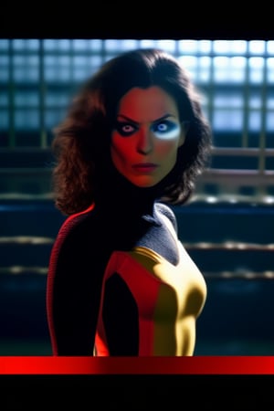a cinematic scene of an Italian woman as Spider-Woman, she has dark wavy hair, circular iris, circular pupils, eyes and face stuck at the camera, filmed on Sony A7iii, 50mm, f/1.5,dutch angle shot,dramatic lighting, fhd, film director Guy Ritchie, cinematic color grading, red yellow black
