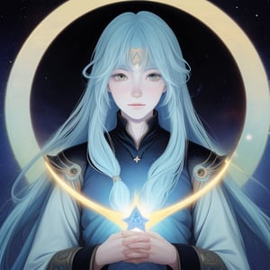 portrait of Galactic wizard man , very very  long light blue hair in the star temple