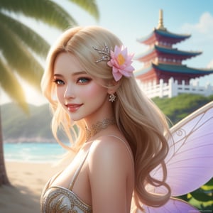 Gourgeus Fairy Woman happiness,pretty faces,nice makeup,smiling regard ,perfect light blue eyes,round pupil,smiling , blond long straight hair, trasparent crystal Wings, asiatic beutiful dress, light soft sun, white gold iridiscent color,landscape of spring ambient, beautiful beach and sea , Temple, Pink Lotus flowers, full of details, smooth, bright sunshine,soft light atmosphere, light effect elegant, highly detailed, digital painting, artstation, concept art, smooth, sharp focus, illustration, art by artgerm, 