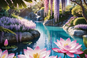landscape of summer tropical ambient beautiful island beach and sea, white crystal gold Fairy Temple, water full,Magic light soft sun, magic beautiful wisteria, pink lilies, Pink lotus flowers,  full of details, smooth, bright sunshine,soft light atmosphere, light effect, vaporwave colorful, concepte art,highly detailed, digital painting, smooth, sharp focus, extremely sharp detail, finely tuned detail, ultra high definition, 8 k ,engine 5, full body

